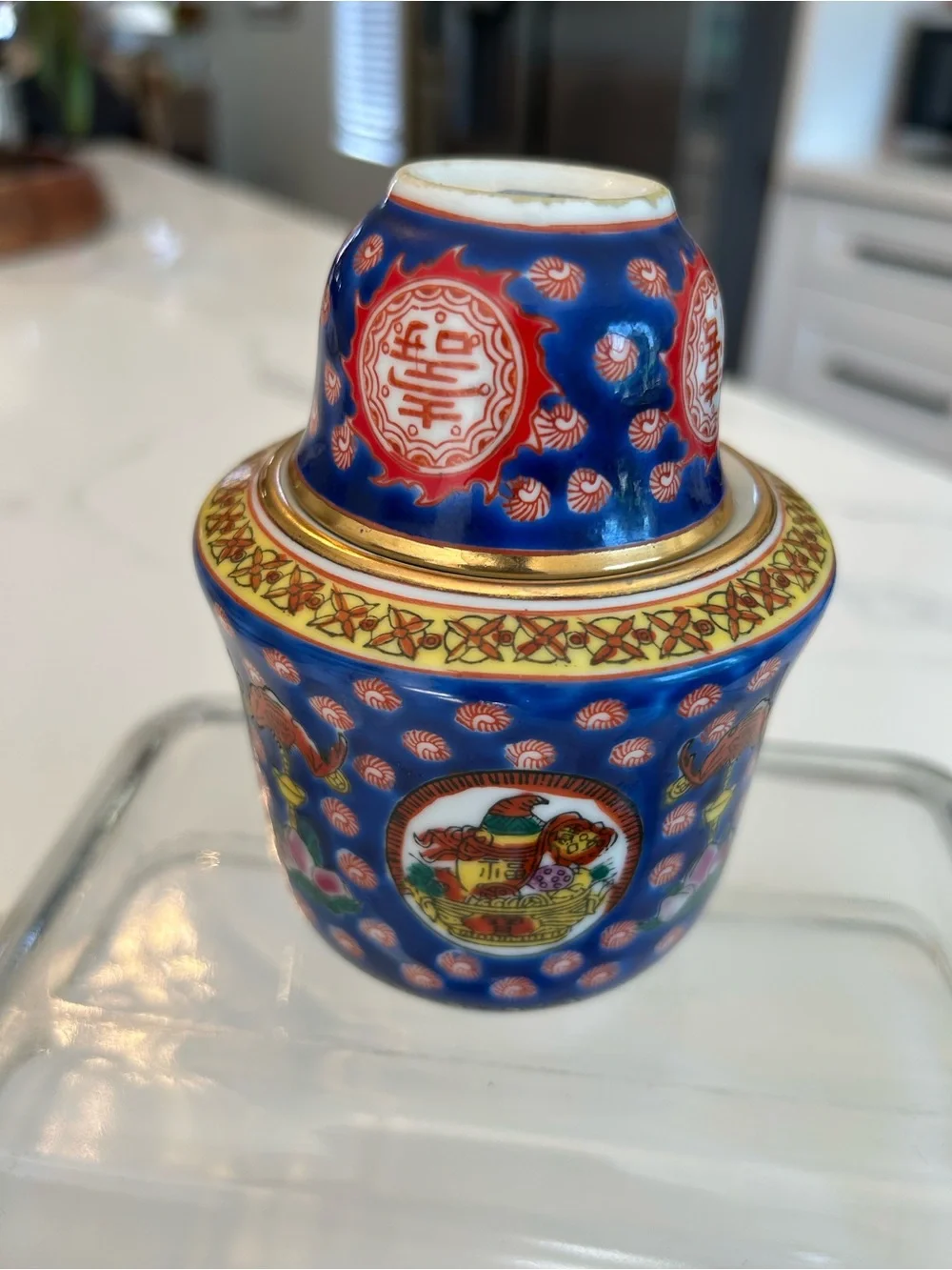 Vintage Chinese Blue and Gold Porcelain Decorative Tea Canister 3 pc